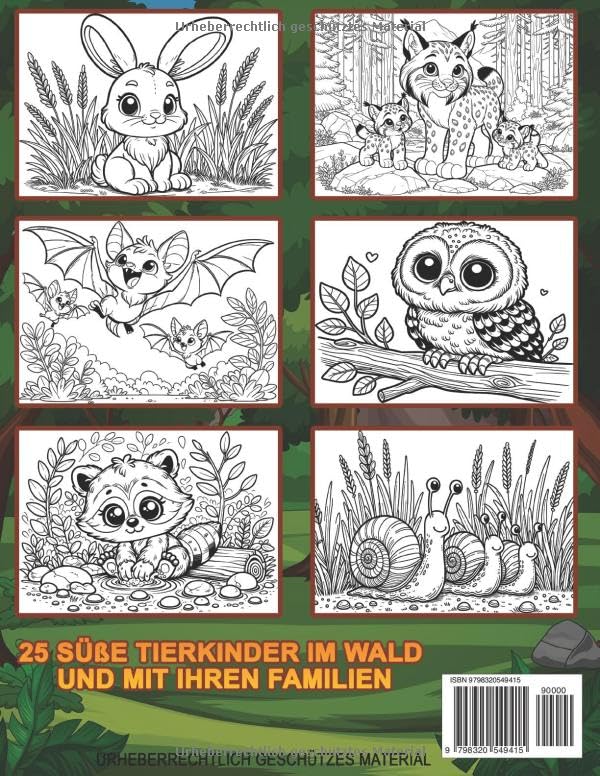 Tierkinder im Wald, Malbuch für Kinder ab 6 Jahren, 50 super süße Tierkinder und Tierfamilien im Wald zum Ausmalen - Taschenbuch